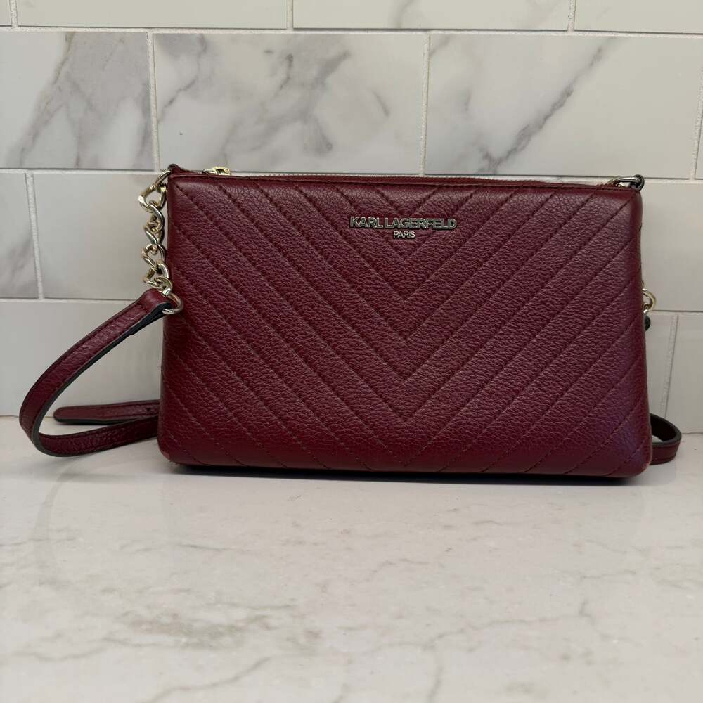 Karl Lagerfeld Paris Chevron Quilted Leather Crossbody Bag in Merlot & Gold